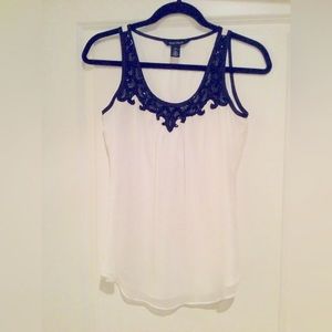 WHBM White Top With Black Sequins Lace Accent